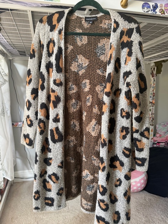 Fortune + Ivy Sweaters - Chic Open-Front Leopard Print Cardigan Sweater - Taupe/Black/Camel